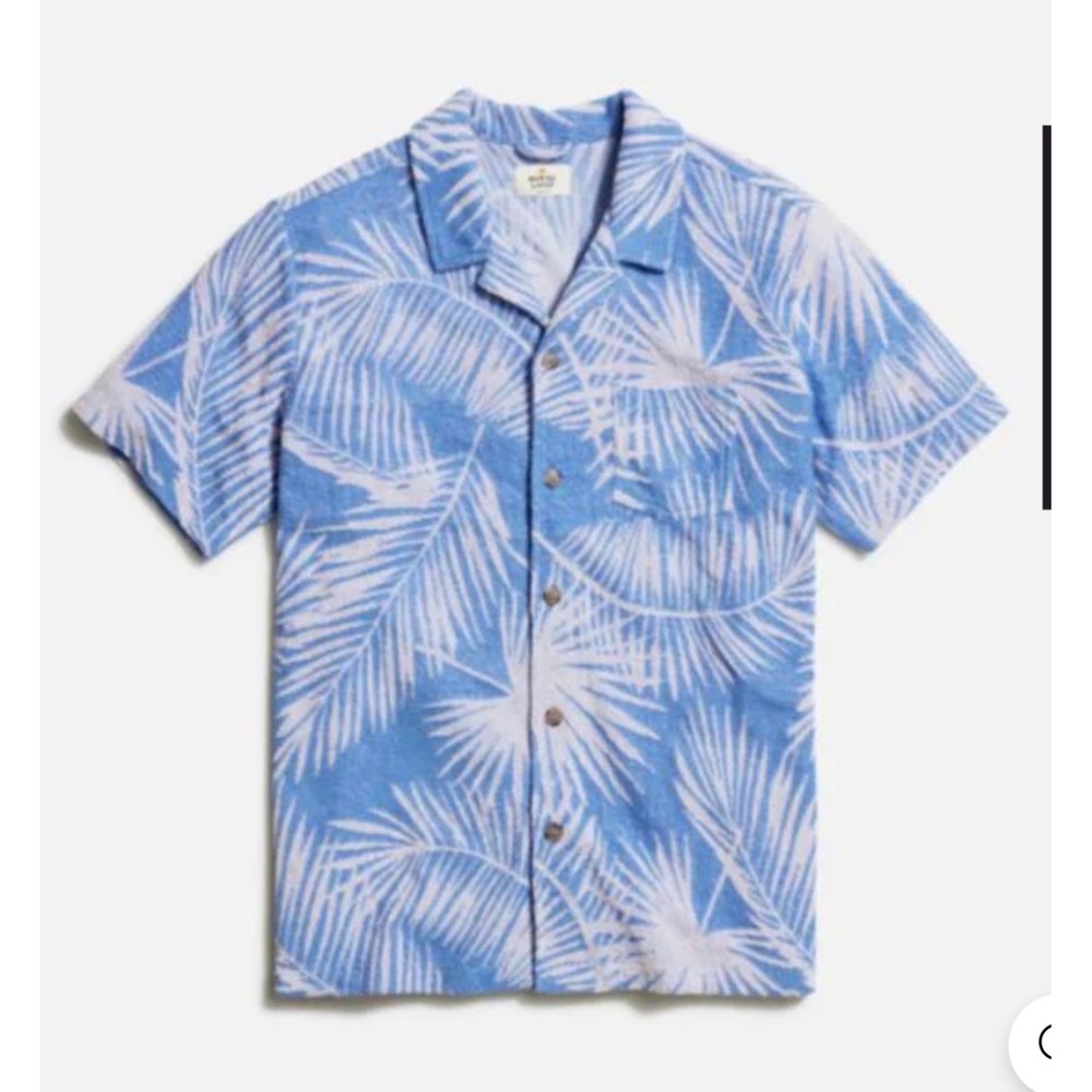 Marine Layer Men Terry Out Jacquard Resort Shirt Blue Frond Palm Leaf Medium NEW
